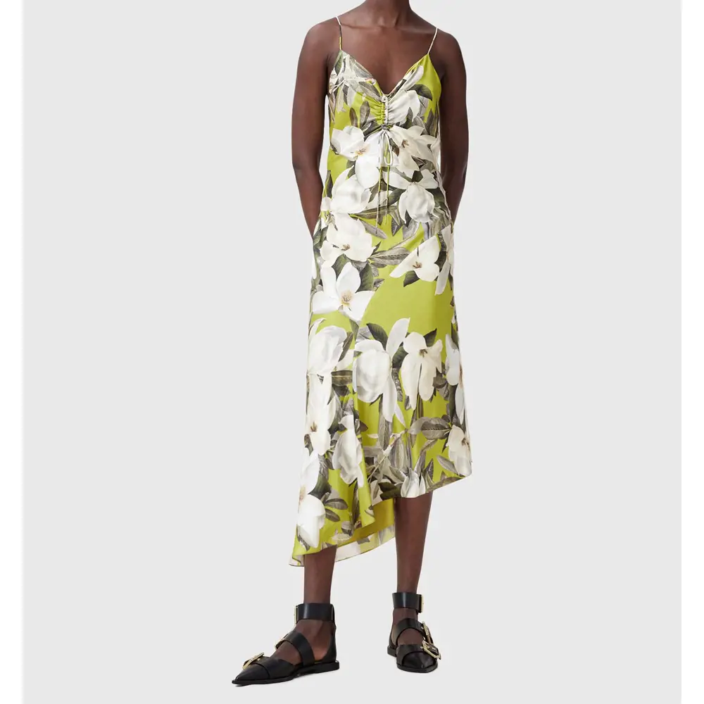 AllSaints Alexia V-Neck Drawstring Midi Slip Dress